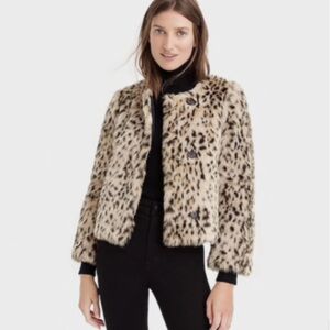 NWT J.Crew Crop Faux Snow Leopard Fur Coat | size Small faux fur mobwife